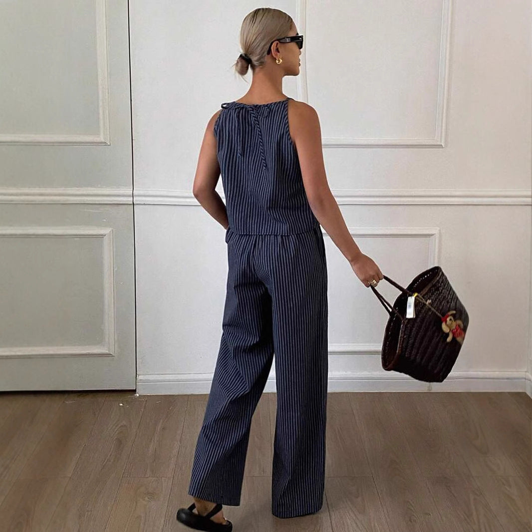 Striped Two-Piece Set with Sleeveless Top and Wide-Leg Pants