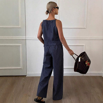 Striped Two-Piece Set with Sleeveless Top and Wide-Leg Pants