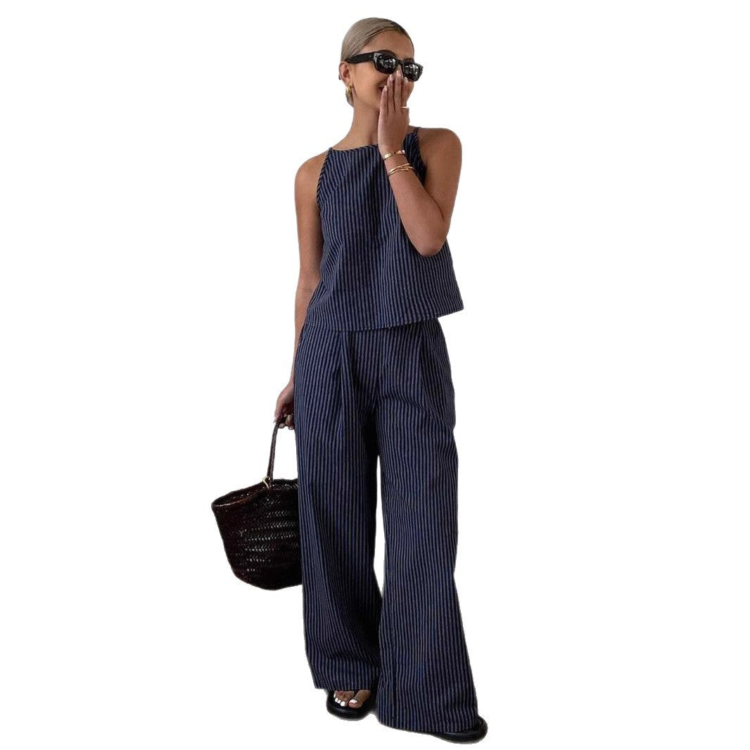 Striped Two-Piece Set with Sleeveless Top and Wide-Leg Pants