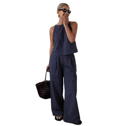 Striped Two-Piece Set with Sleeveless Top and Wide-Leg Pants