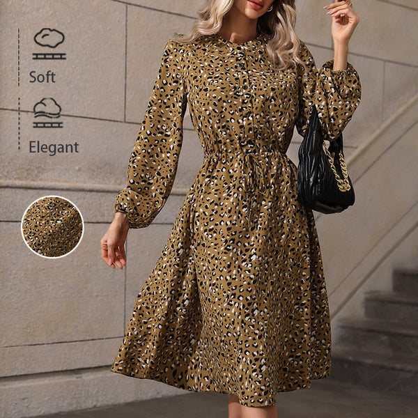 Leopard Print Midi Dress with Long Puff Sleeves and Drawstring Waist