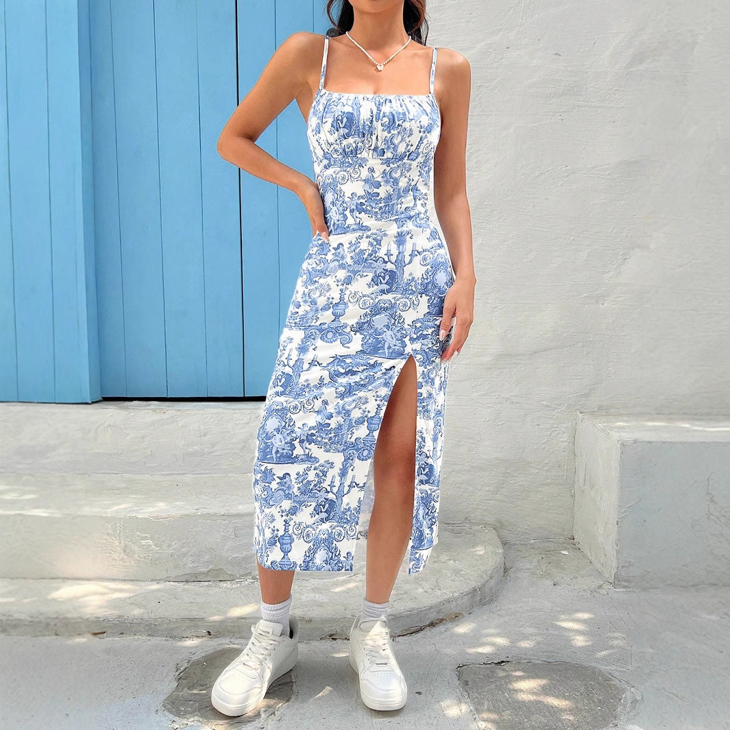 Toile Print Bodycon Midi Dress with Side Slit