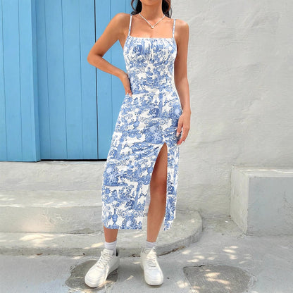 Toile Print Bodycon Midi Dress with Side Slit