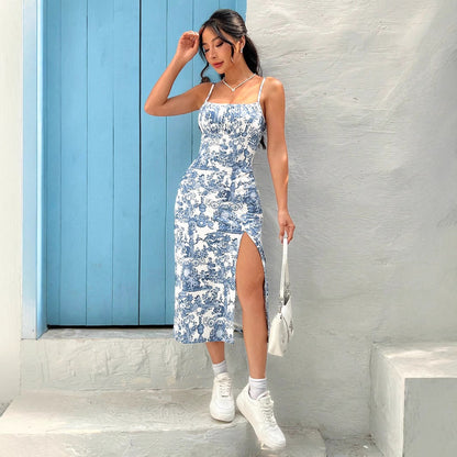 Toile Print Bodycon Midi Dress with Side Slit