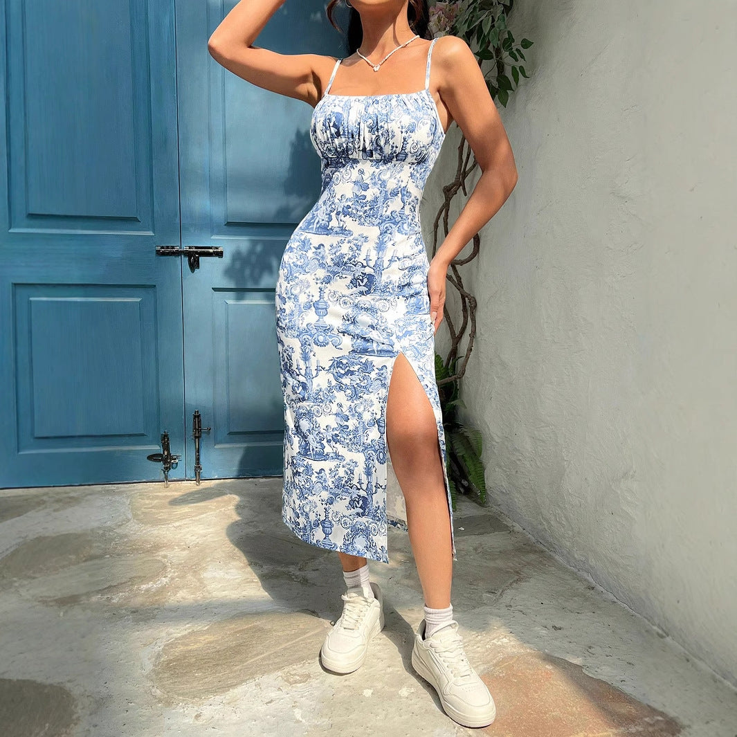 Toile Print Bodycon Midi Dress with Side Slit