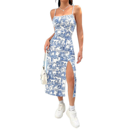 Toile Print Bodycon Midi Dress with Side Slit