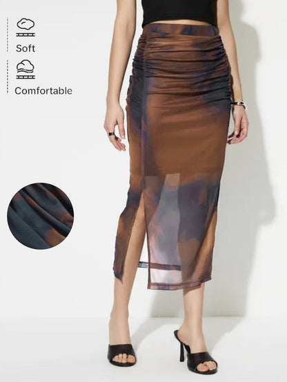 Ruched Mesh Midi Skirt with Gradient Print and Side Slit