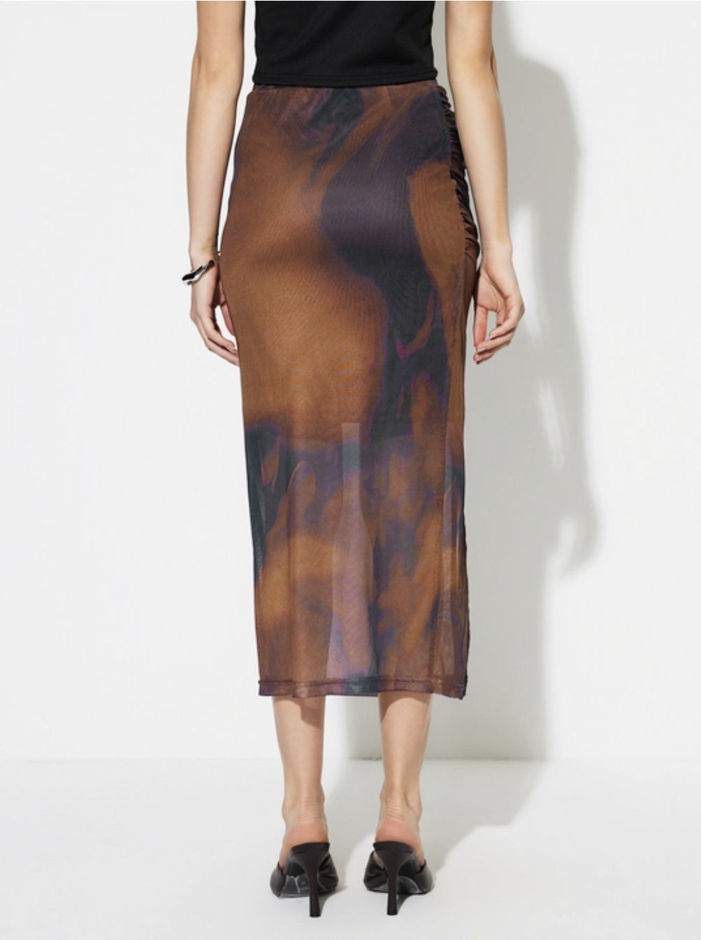 Ruched Mesh Midi Skirt with Gradient Print and Side Slit