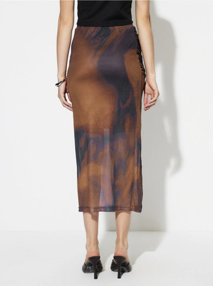 Ruched Mesh Midi Skirt with Gradient Print and Side Slit