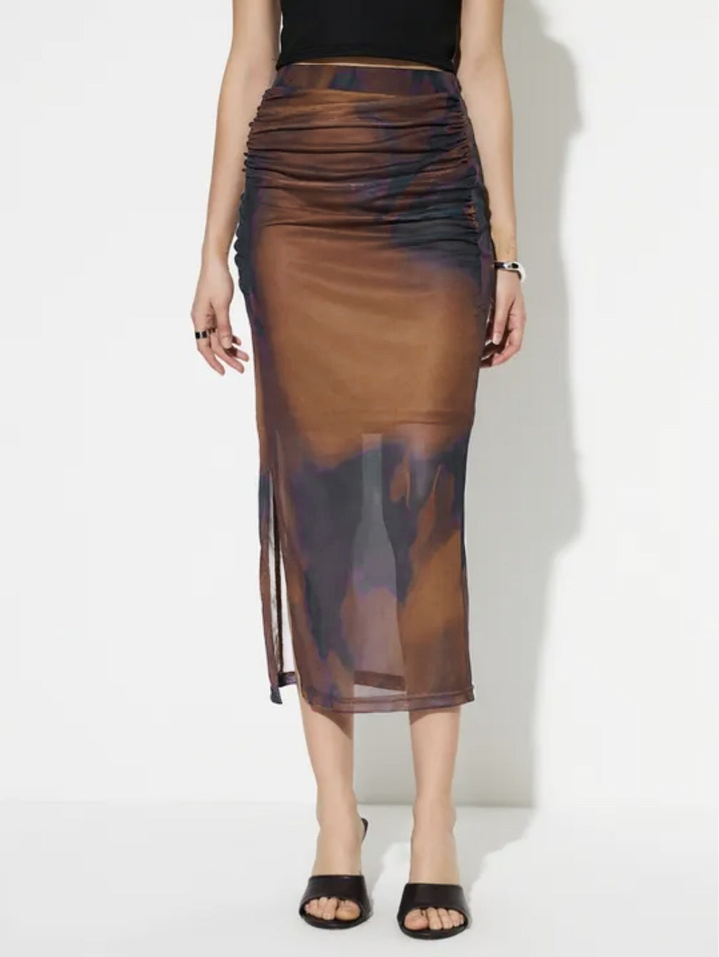 Ruched Mesh Midi Skirt with Gradient Print and Side Slit