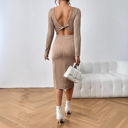 Textured Bodycon Midi Dress with Backless Twist Detail