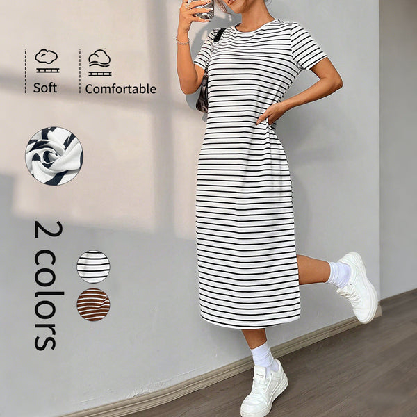 Striped Short-Sleeve T-Shirt Dress with Side Slit