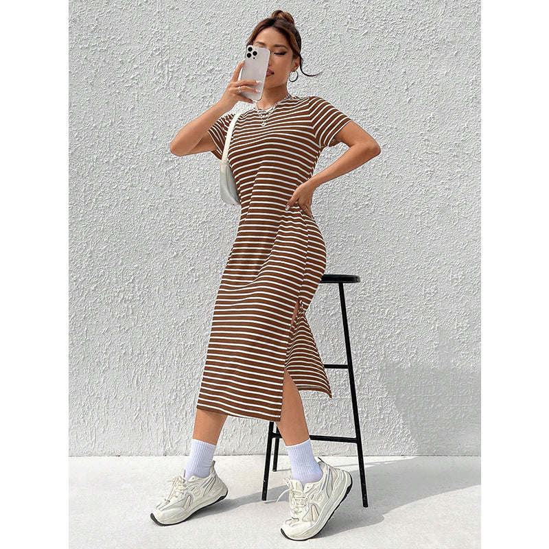 Striped Short-Sleeve T-Shirt Dress with Side Slit