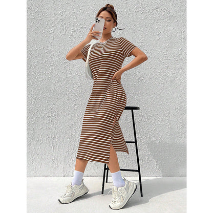 Striped Short-Sleeve T-Shirt Dress with Side Slit