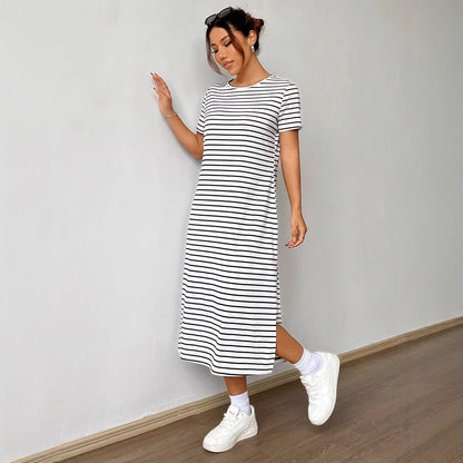 Striped Short-Sleeve T-Shirt Dress with Side Slit