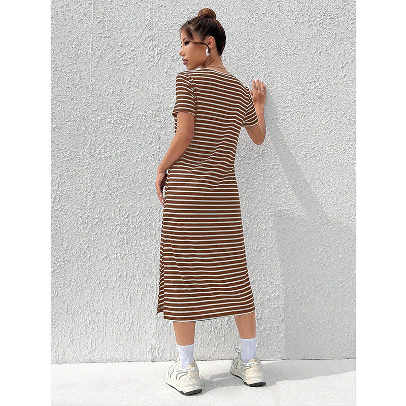 Striped Short-Sleeve T-Shirt Dress with Side Slit