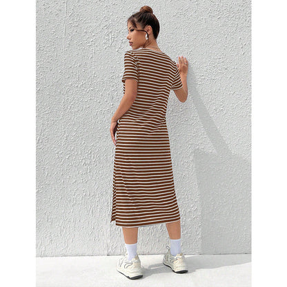 Striped Short-Sleeve T-Shirt Dress with Side Slit