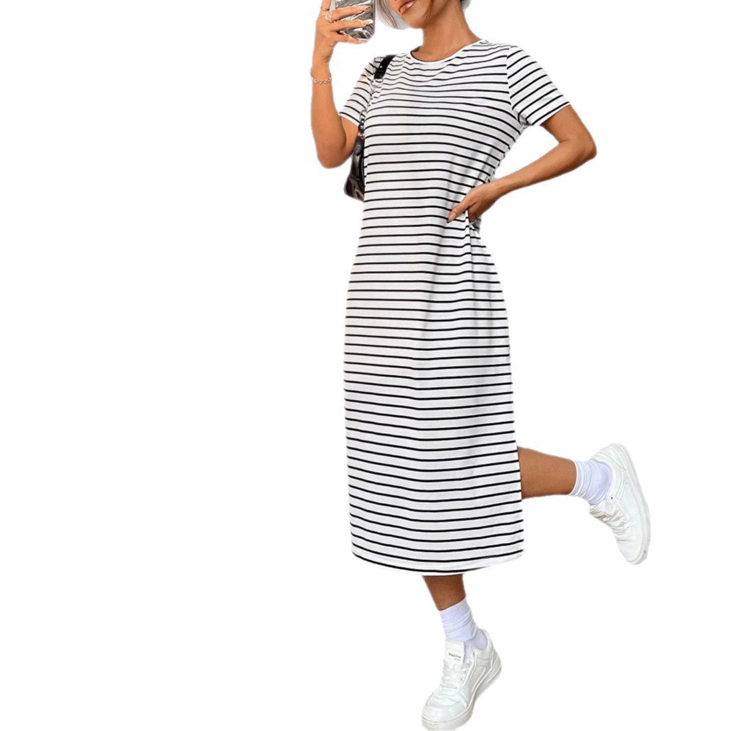Striped Short-Sleeve T-Shirt Dress with Side Slit