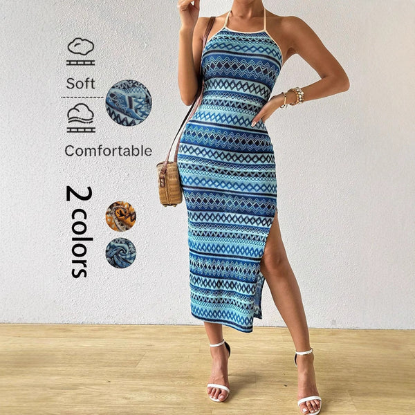 Geometric Print Halter Midi Dress with Side Slit