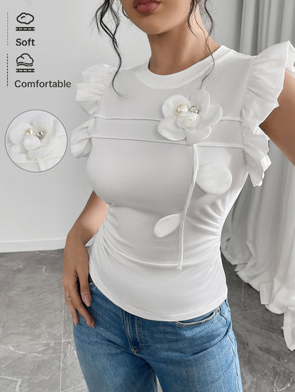 Ruffle Sleeve Slim Fit Top with 3D Floral Applique