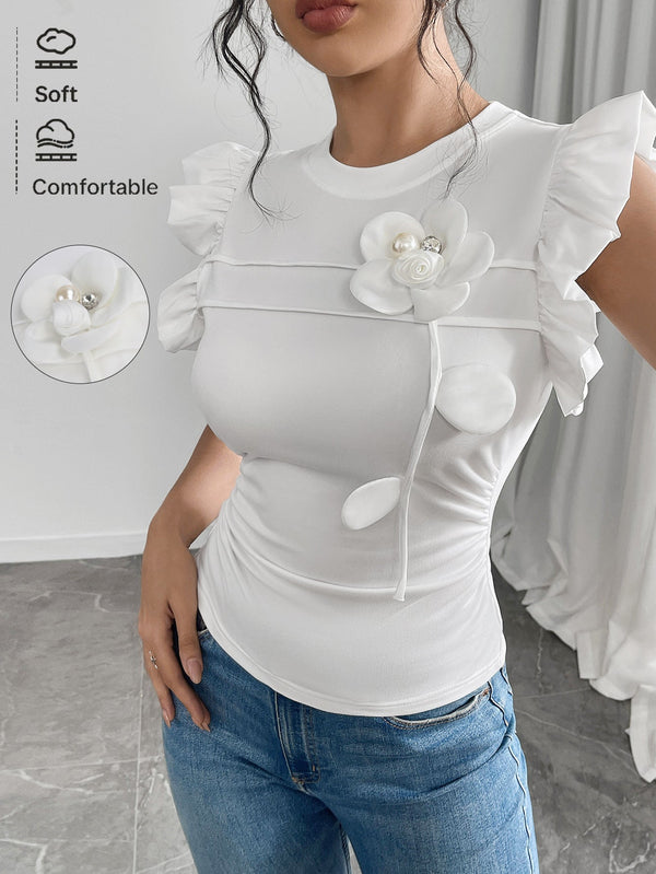 Ruffle Sleeve Slim Fit Top with 3D Floral Applique