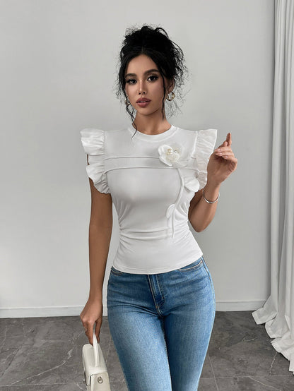 Ruffle Sleeve Slim Fit Top with 3D Floral Applique