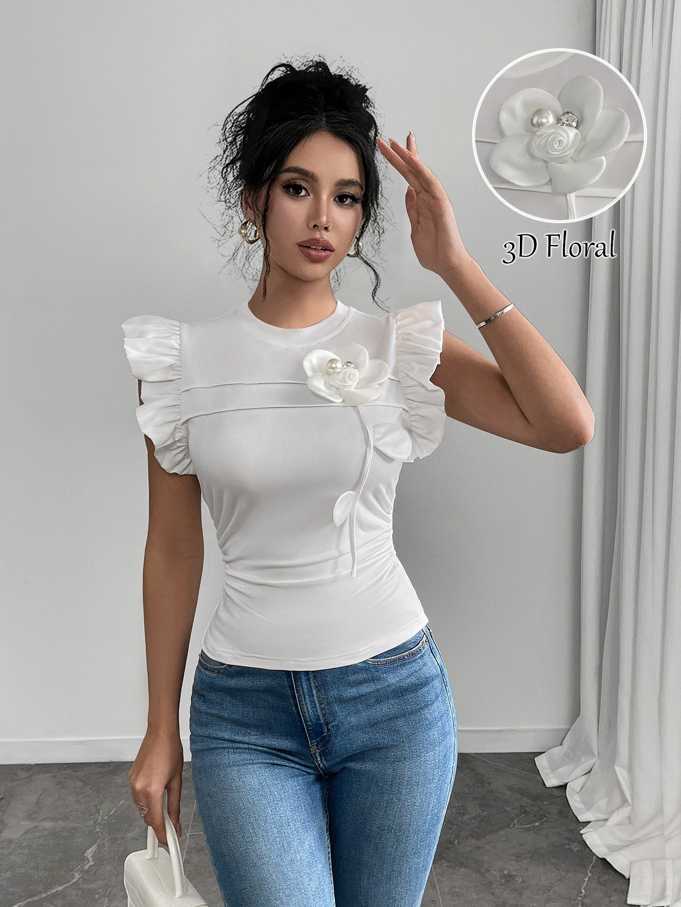 Ruffle Sleeve Slim Fit Top with 3D Floral Applique