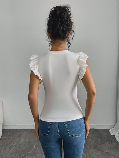 Ruffle Sleeve Slim Fit Top with 3D Floral Applique