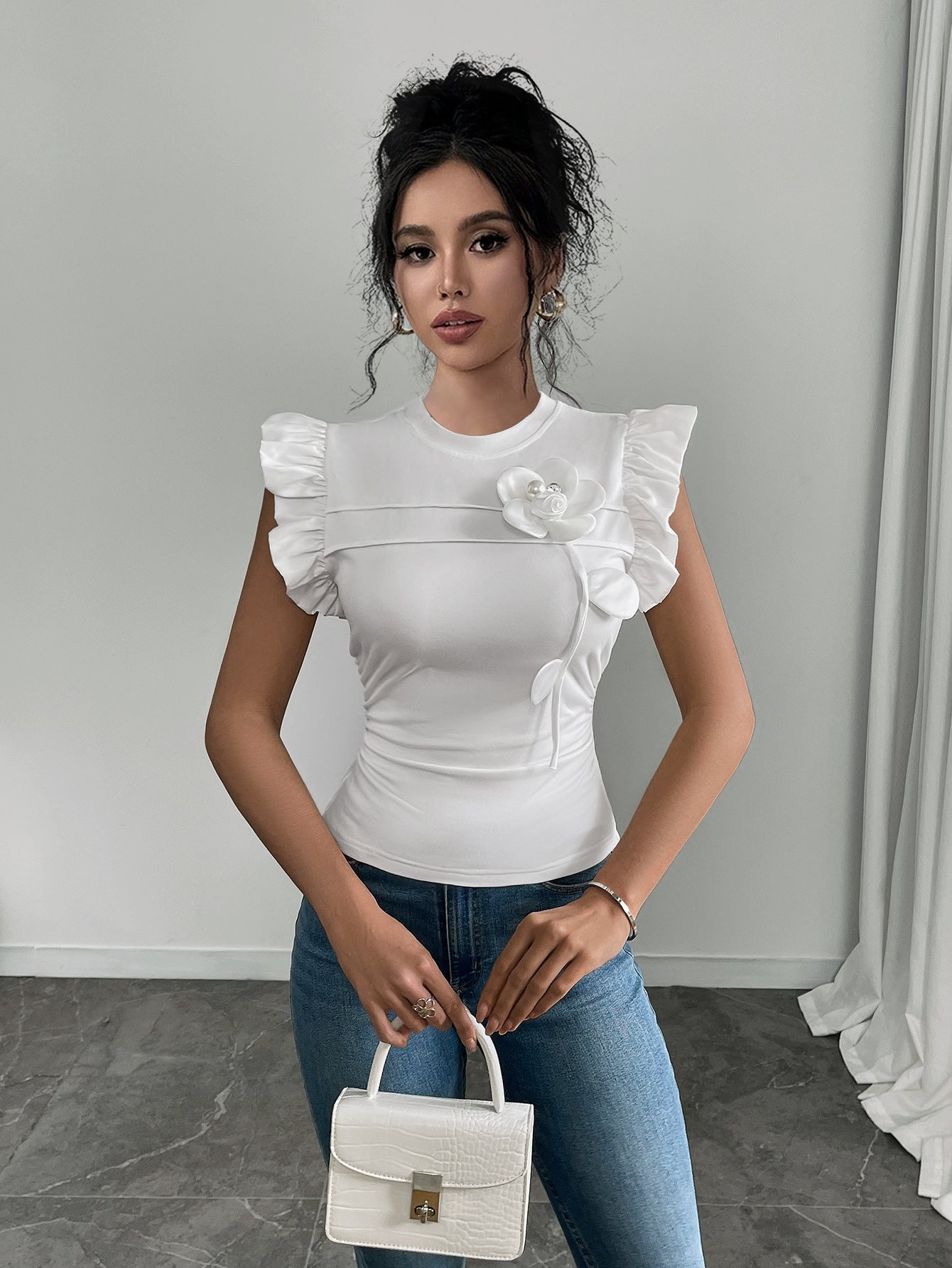 Ruffle Sleeve Slim Fit Top with 3D Floral Applique