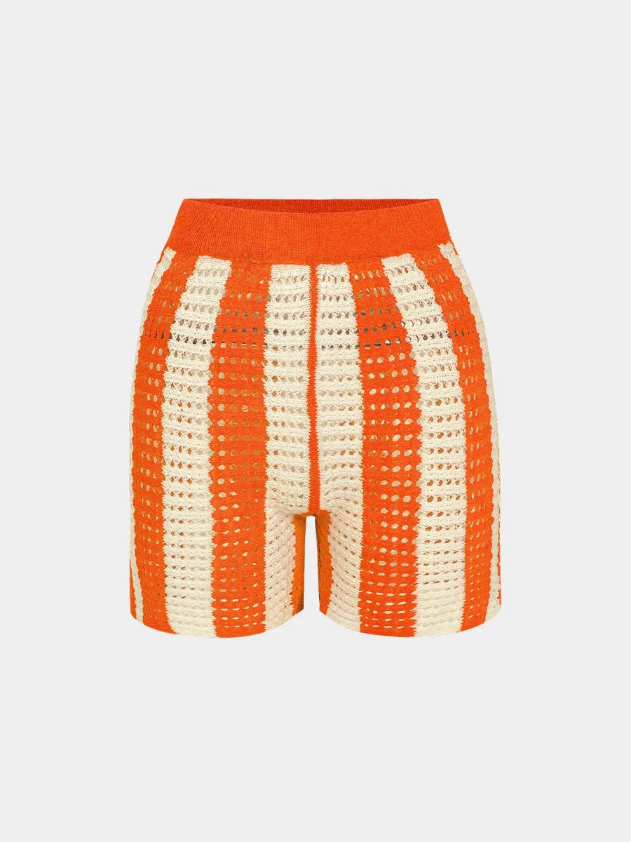 Striped Open-Knit Shorts Set with V-Neck Button-Front Top