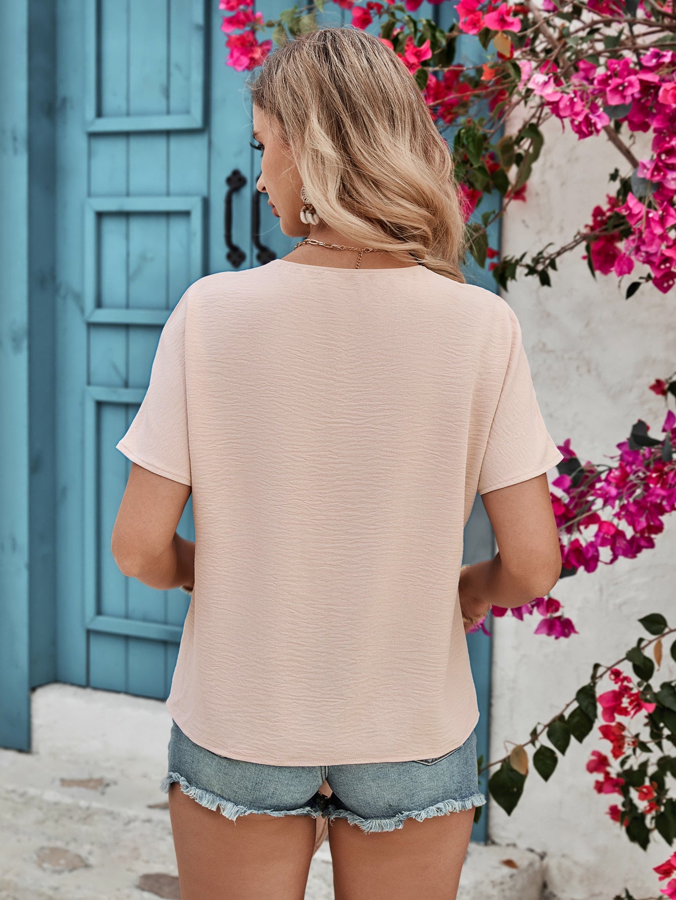 Loose Bat Sleeve Blouse with Lace V-Neck and Tie-Front Hem