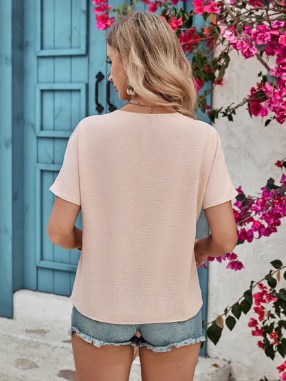 Loose Bat Sleeve Blouse with Lace V-Neck and Tie-Front Hem