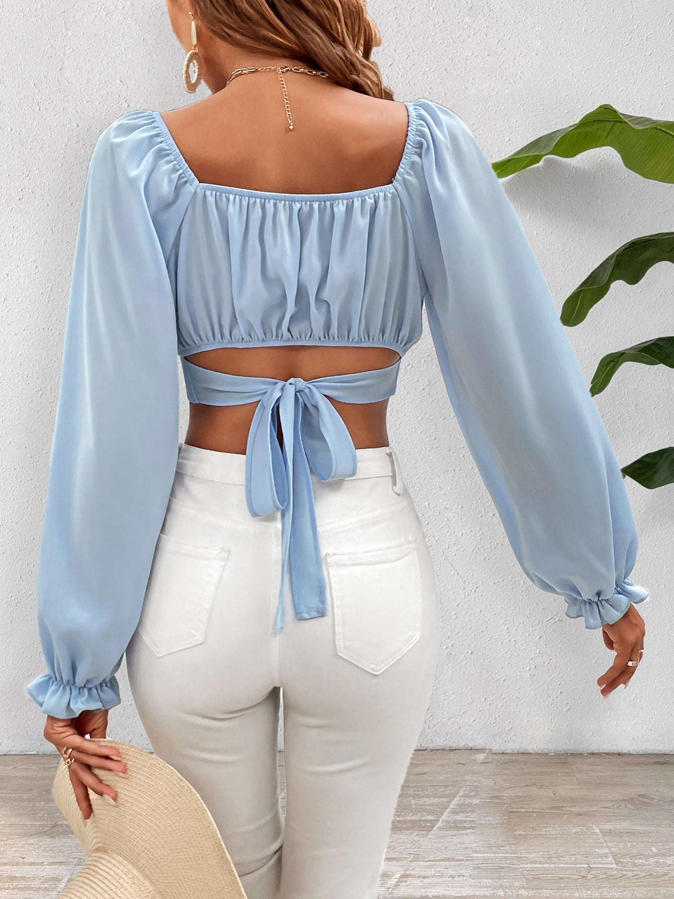 Slim Fit Princess Sleeve Crop Top with U-Neck and Tie-Front