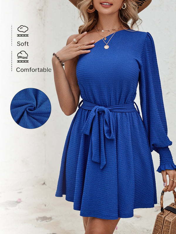 One-Shoulder A-Line Mini Dress with Lantern Sleeve and Tie Waist