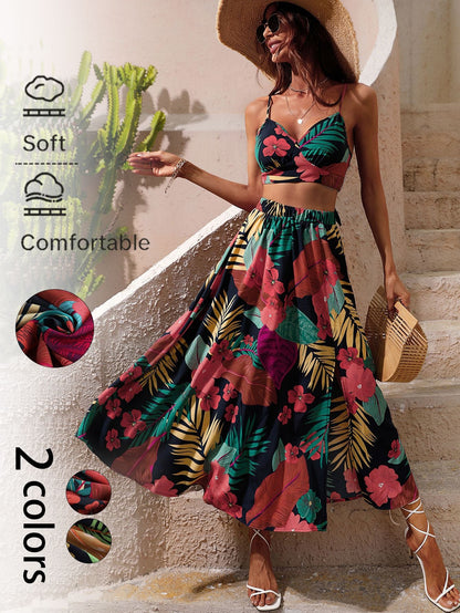 Tropical Print Two-Piece Set with Crop Top and High-Waist Maxi Skirt