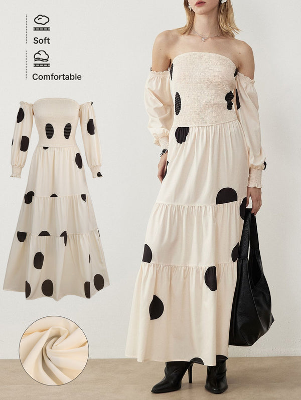 Polka Dot Off-Shoulder Maxi Dress with Smocked Bodice