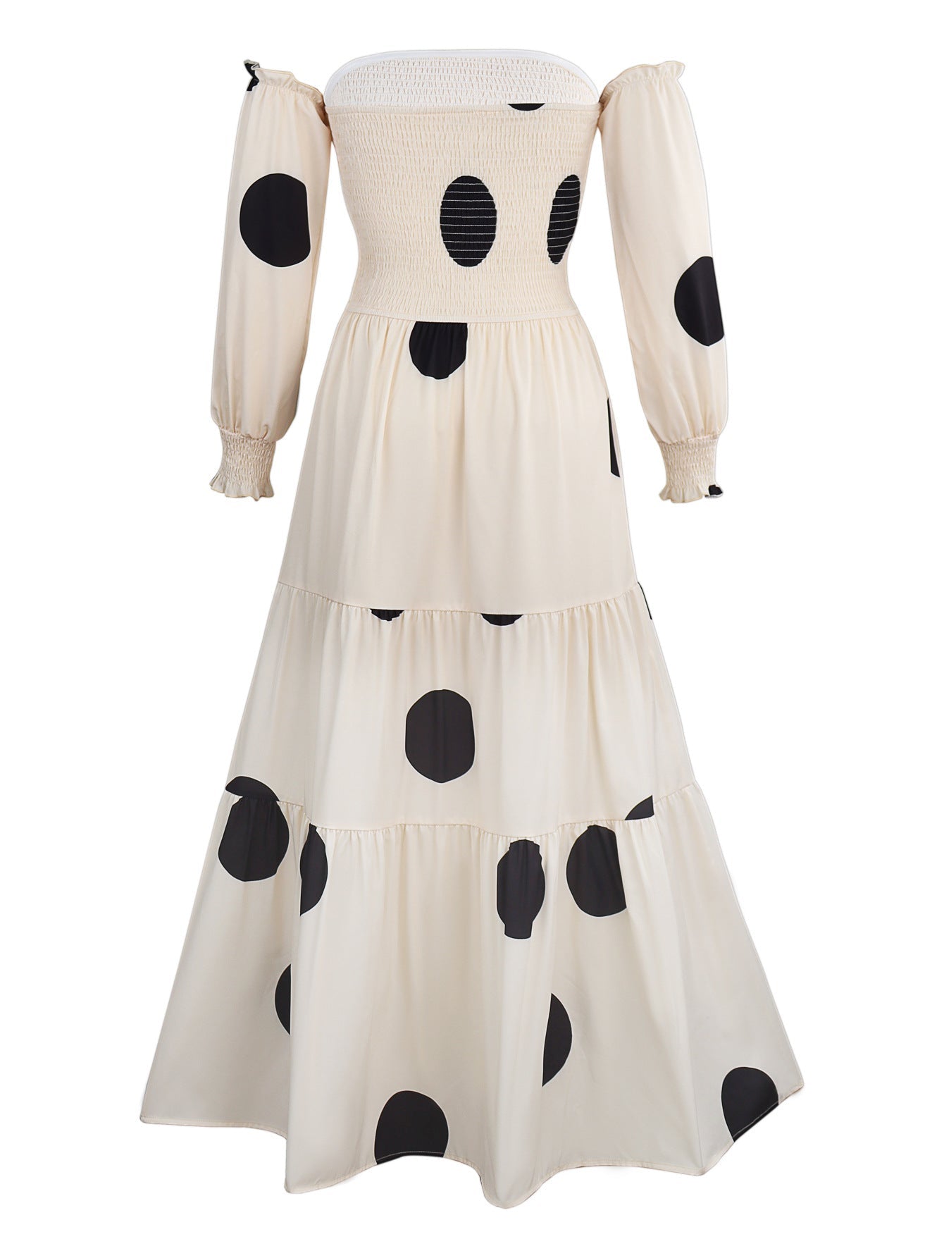 Polka Dot Off-Shoulder Maxi Dress with Smocked Bodice