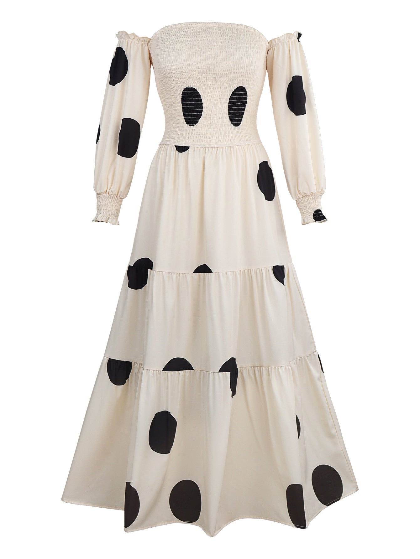 Polka Dot Off-Shoulder Maxi Dress with Smocked Bodice