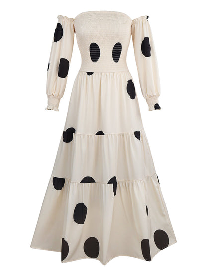 Polka Dot Off-Shoulder Maxi Dress with Smocked Bodice
