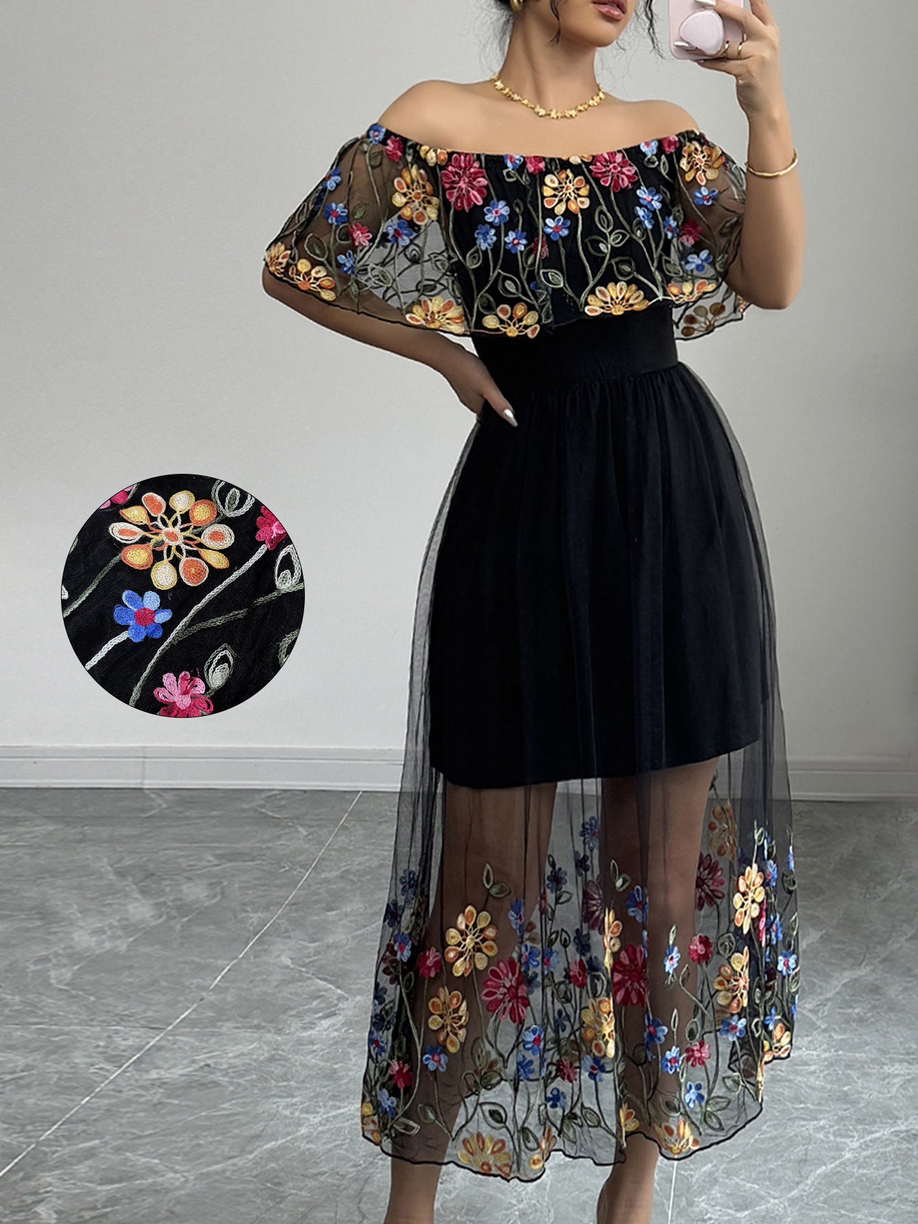 Floral Embroidered Bardot Maxi Dress with Mesh Overlay