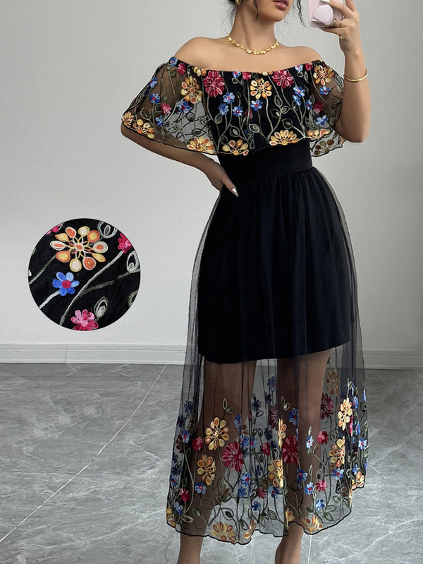 Floral Embroidered Bardot Maxi Dress with Mesh Overlay