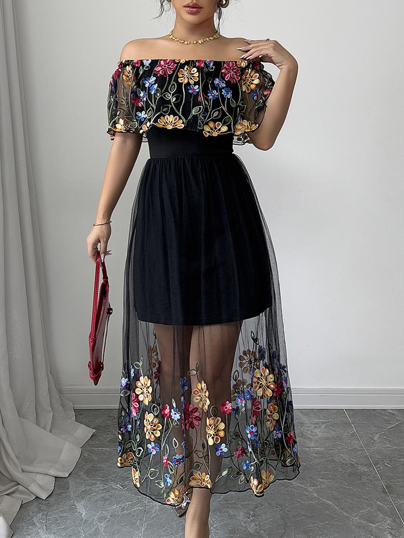 Floral Embroidered Bardot Maxi Dress with Mesh Overlay