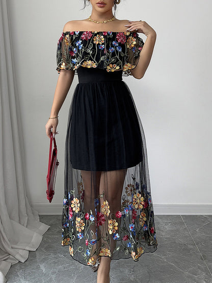 Floral Embroidered Bardot Maxi Dress with Mesh Overlay