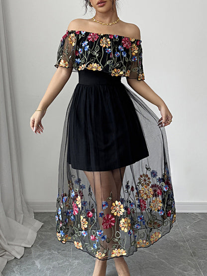 Floral Embroidered Bardot Maxi Dress with Mesh Overlay