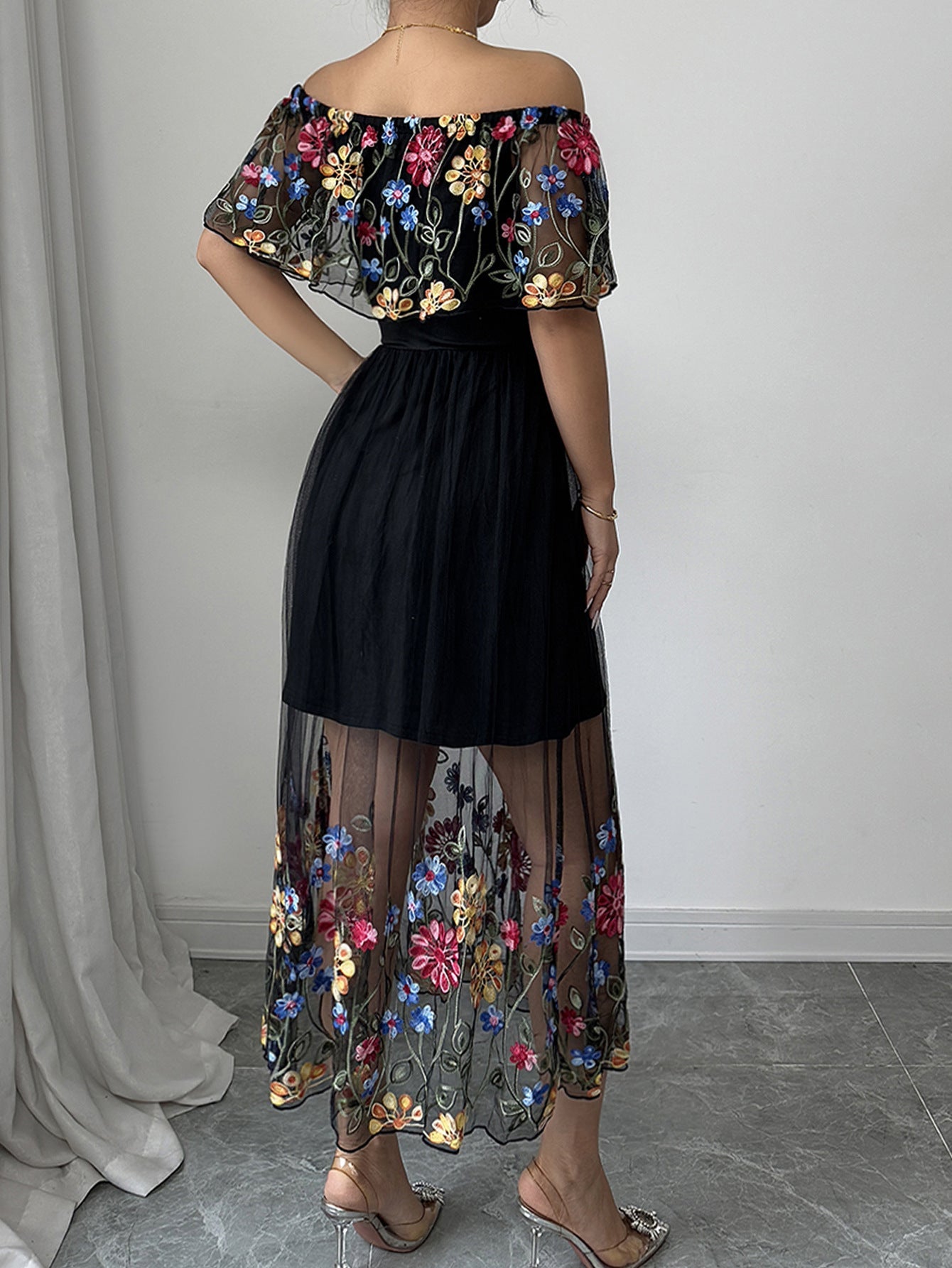 Floral Embroidered Bardot Maxi Dress with Mesh Overlay
