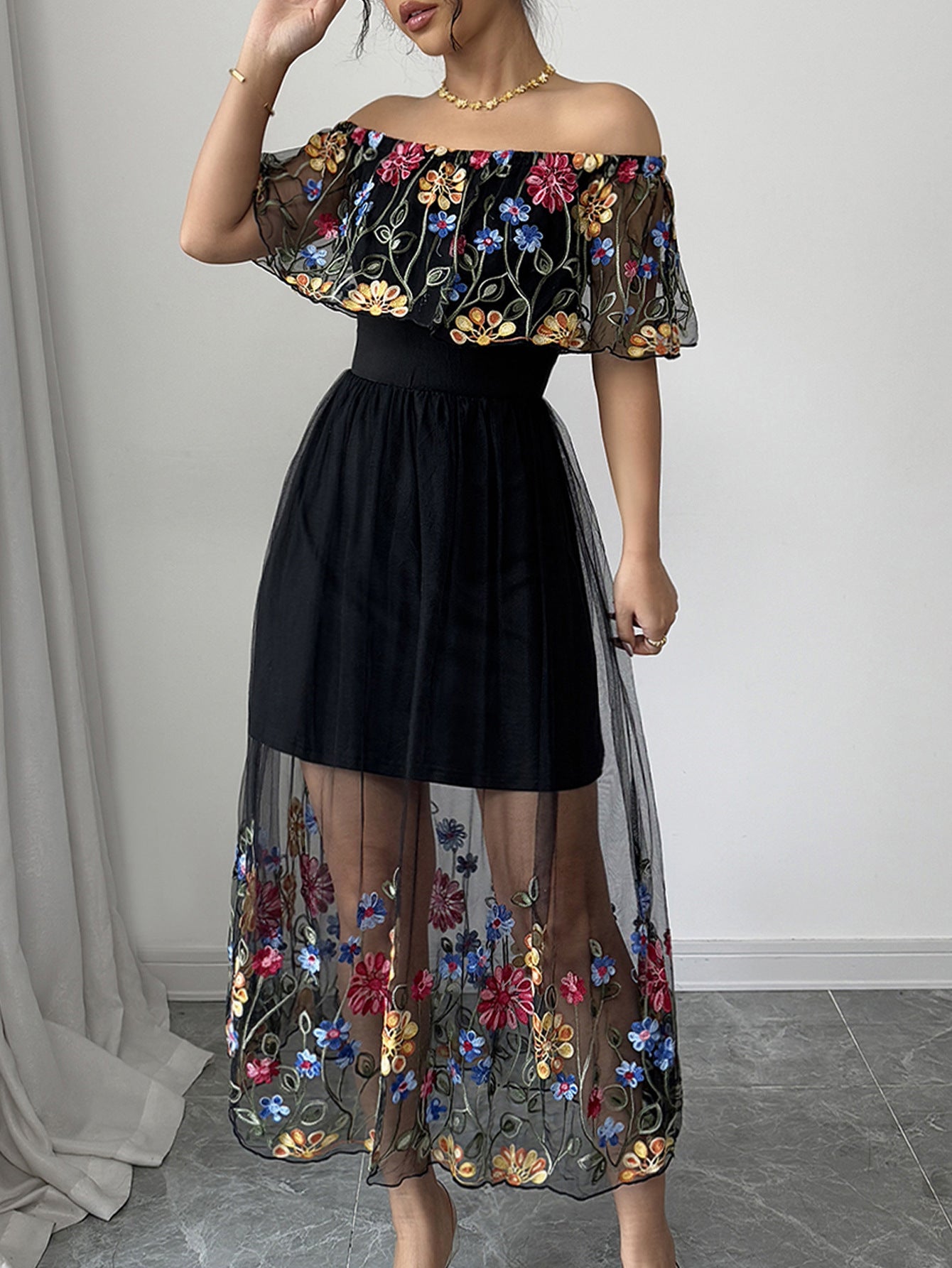 Floral Embroidered Bardot Maxi Dress with Mesh Overlay