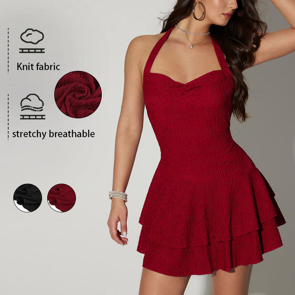 Halterneck A-Line Mini Dress with Tiered Ruffle Skirt