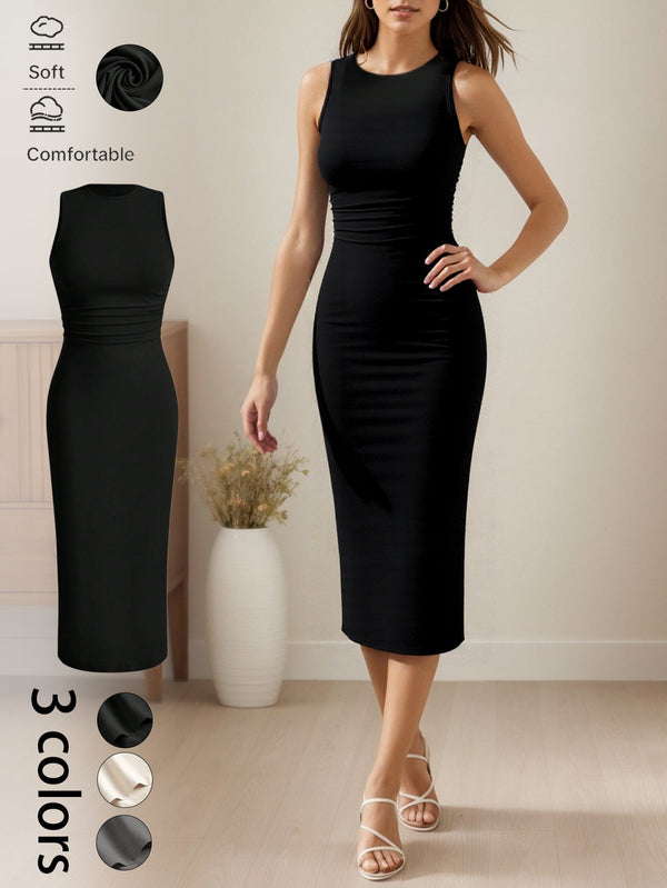 Sleeveless Crewneck Bodycon Midi Dress with Ruched Waist