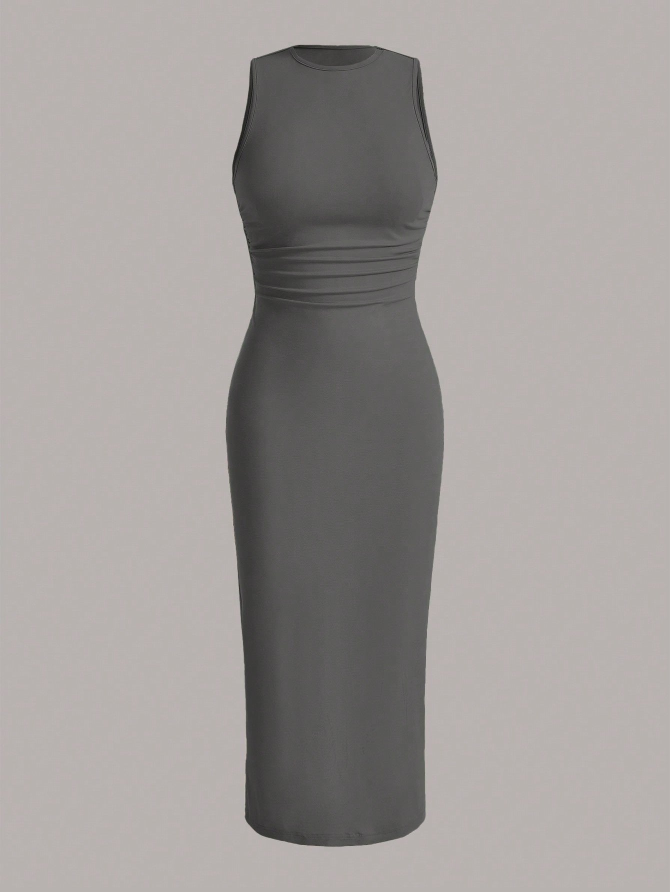 Sleeveless Crewneck Bodycon Midi Dress with Ruched Waist