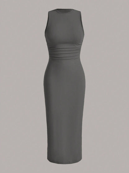 Sleeveless Crewneck Bodycon Midi Dress with Ruched Waist